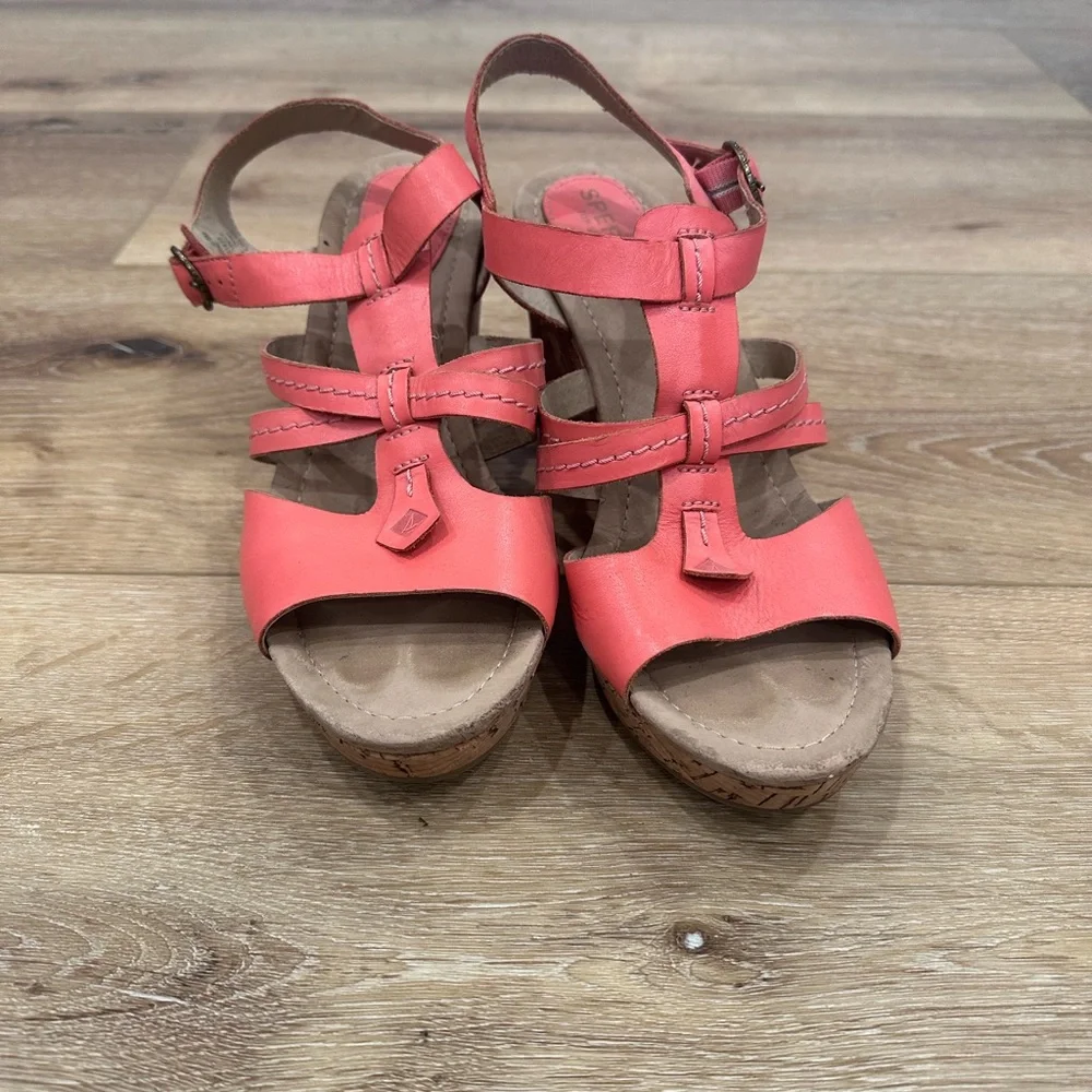 Women’s SPERRY Top-Sider Leather Coral/Pink Open Toe Wedge Sandal - Size 8.5 - Picture 7 of 8